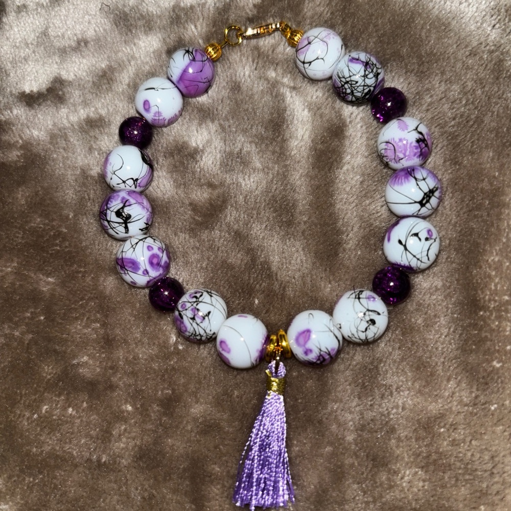Elegant Purple and White Beaded Necklace with Tassel